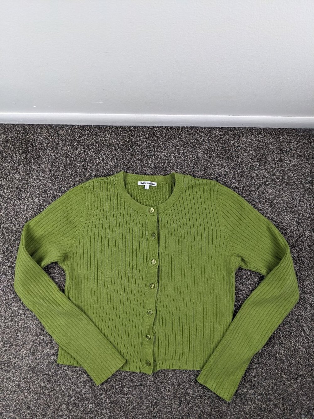 Reformation Sweater Cardigan Organic Cotton Nylon MOP Button Green Womens Small